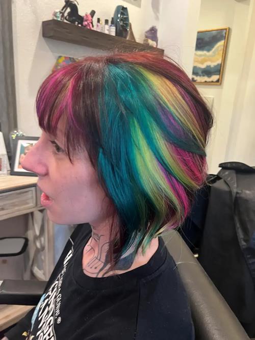 Luxury Fashion Hair Color in Denver, Colorado This custom fashion color features bold ribbons of tea(..)